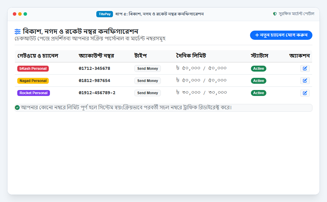ধাপ ৬: বিকাশ, নগদ ও রকেট নম্বর কনফিগারেশন